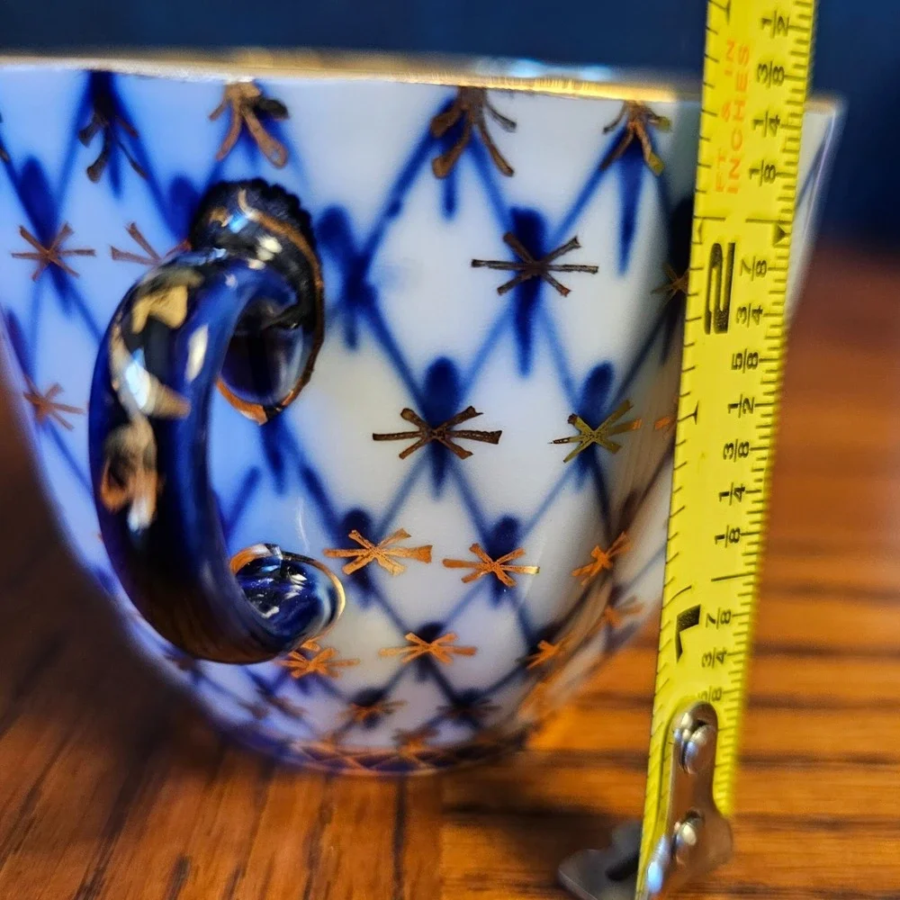 Lomonosov Imperial Porcelain Cobalt Net Tea Cup and Saucer Set Made in USSR 22K